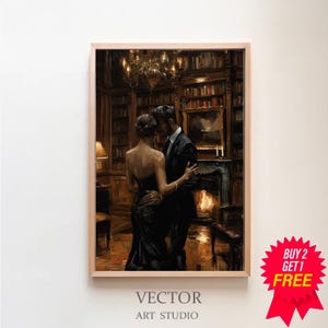 Lovers in Library Art Painting, Couple Art Printable, Dark Academia Print, Dark Oil Painting, Gothic Decor for Book Lovers, Moody Wall Art