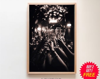 Cheers Print, Black and White, Champagne Poster, Bar Cart Print, Vintage Bar Print, Cocktail Wall Art, Alcohol Wall Decor, Digital Download