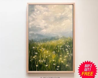 Spring Wildflower Landscape Art - Farmhouse Country Décor Wall Art - Digital Download Printable - Meadow Oil Painting