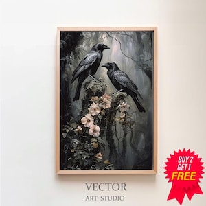 Raven Couple in Dark Forest Wall Art Print Vintage Dark Cottagecore Wildlife Painting Gothic Decor Dark Academia Artwork Retro Art