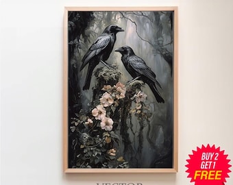Raven Couple in Dark Forest Wall Art Print Vintage Dark Cottagecore Wildlife Painting Gothic Decor Dark Academia Artwork Retro Art