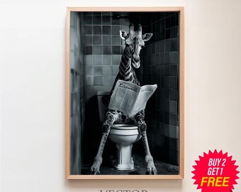 Giraffe Print, Funny Bathroom Decor, Giraffe in Toilet, Black And White Giraffe, Animal in toilet, Wall Art, Printable Digital Download