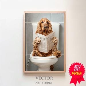 Arte de pared de cocker spaniel, decoración divertida para el baño, cocker spaniel en el baño, animal en el baño, arte de tienda de mascotas, arte canino, regalo de cocker spaniel