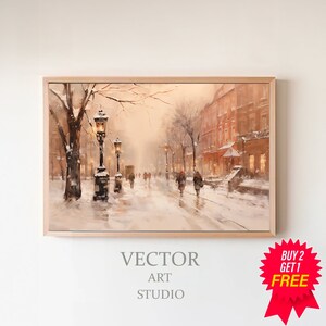 Vintage Winter Town Night Frame Tv Art, Neutral Holiday Winter Village Landscape Painting, Christmas Frame Tv Screensaver