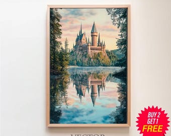 Magisch kasteel zomeraquarel, charmante tovenaarskunst, liefhebbers van tovenaarswereld en hekserij, Great Lake at Spring Magical School-afdruk