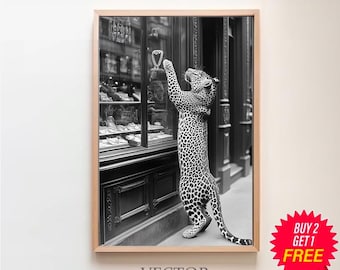 Panther in the Jewelry Shop Poster, Cheetah Print, Black and White, Vintage Photography, Fashion Print, Vintage Poster, 1950 Wall Art Poster
