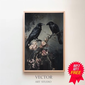 Raven Couple in Dark Forest Wall Art Print Vintage Dark Cottagecore Wildlife Painting Gothic Decor Dark Academia Artwork Retro Art