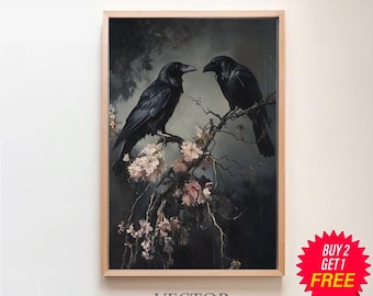 Raven Couple in Dark Forest Wall Art Print Vintage Dark Cottagecore Wildlife Painting Gothic Decor Dark Academia Artwork Retro Art