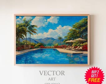 Arte imprimible con ambiente de piscina vintage / Pintura de piscina / Impresión retro de piscina de Palm Springs / Archivo de arte digital de verano retro