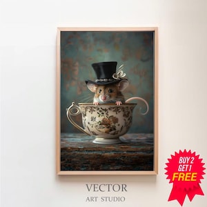 Mouse in A Tea Cup Oil Painting, Mouse in Top Hat, Mouse Decor, Funny Kitchen Wall Art, Dark Humor Whimsical Art, Funny Animal Art