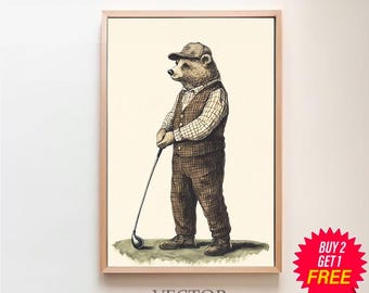 Bear Playing Golf Art Print, Nursery Golf Theme Decor by Bespoke Littles, Digital Download