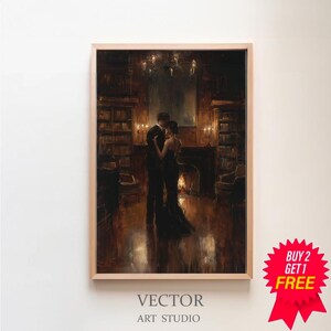 Lovers in Library Art Painting, Couple Art Printable, Dark Academia Print, Dark Oil Painting, Gothic Decor for Book Lovers, Moody Wall Art