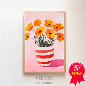 Flower Vase Red Printable Art Striped Wall Art Orange Abstract Botanical Floral Illustration Botanical Poster Abstract Art Digital Download