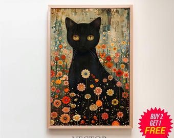 グスタフ・クリムト、庭の黒猫 ウォールアート プリント ポスター 額