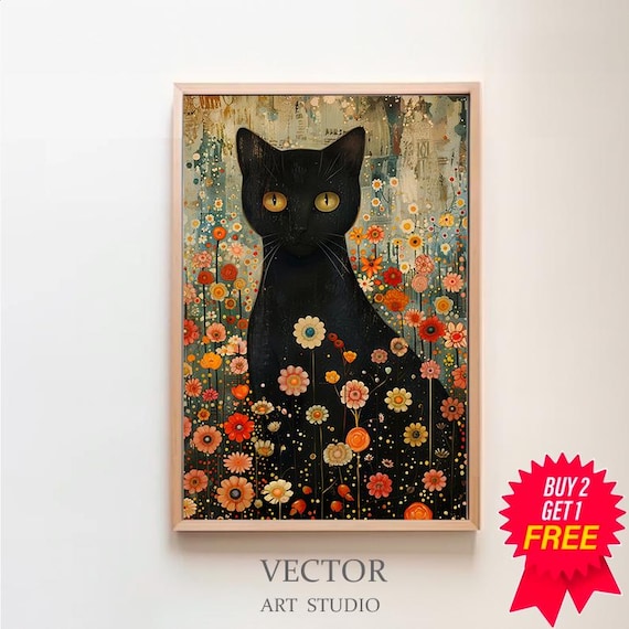グスタフ・クリムト、庭の黒猫 ウォールアート プリント ポスター 額
