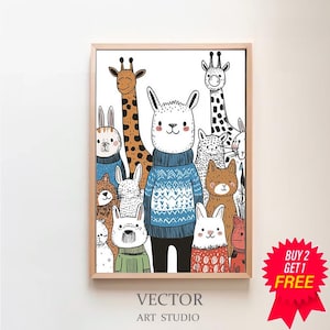 Colorful Safari Animals Nursery Wall Art, Kids Room Decor, Animal Friends Poster, Printable Art, Bright Playroom Decor, Baby Room Gift