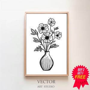 Abstract Botanical Digital Download, Beige Black Wall Art, Floral Illustration Botanical Print, Neutral Flower Vase Beige Printable Art