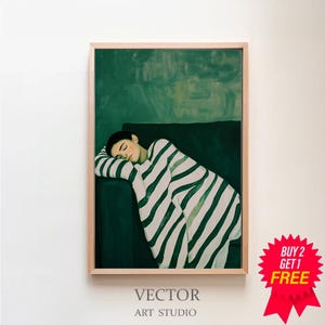 エメラルドグリーンの抽象的な人物の大きな壁アート、現代アート作品、ミニマリストプリント、リビングルームの壁アート、デジタルダウンロード、ストライプの女性プリント