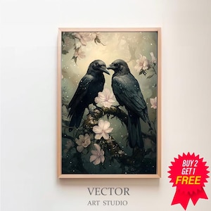 Raven Couple in Dark Forest Wall Art Print Vintage Dark Cottagecore Wildlife Painting Gothic Decor Dark Academia Artwork Retro Art