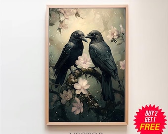 Raven Couple in Dark Forest Wall Art Print Vintage Dark Cottagecore Wildlife Painting Gothic Decor Dark Academia Artwork Retro Art