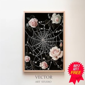 Tautropfen auf Spinnennetz und rosa Rosen Dunkler botanischer Blumengarten zum Ausdrucken, dunkle Blumenwandkunst, Cottagecore Forestcore