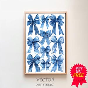 バレエコア ウォール アート、コケット ルーム デコレーション、水彩リボン プリント、ベビー ブルー ウォール アート、オールド マネー 美的ウォール デコレーション、パステル ゴス アート プリント