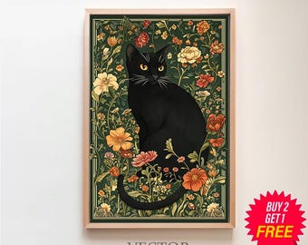 ラファエル作「ステンドグラスの黒猫」 - デジタルアートプリント