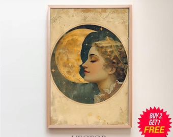 Mujer besando a la luna / Descarga digital / Arte vintage de la luna / Póster vintage de la luna / Arte celestial / Querida vieja Dixie Moon / Arte de la bruja lunar