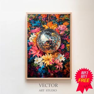 Printable Wall Art, Disco Ball Maximalist Oil Painting, Living Room Colorful Trendy Kitsch Pink Print, Vivid Bold Dopamine Botanical Picture