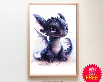 Drache Aquarell Clipart Kinderzimmer Dekor Schwarzer Baby Drache Aquarell Niedliches Tier Drache Watercolor Clipart, DIGITAL DOWNLOAD