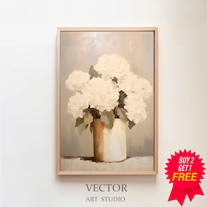 White Hydrangeas Muted Vintage Print | Living Room Art | Botanical Wall Art | Farmhouse Wall Decor | Digital Download PRINTABLE Vintage Art