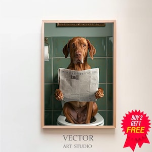 Vizsla auf der Toilette und liest Zeitung, Badezimmer Bilder, Digitaler Download, Vizsla Geschenk, Einrichtung Badezimmer, Funny Dog Picture