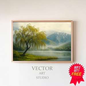 Weeping Willow Landscape Art | PRINTABLE Wall Decor | Weeping Willow Tree Painting | Tranquil Art | Moody Rustic Landscape Art