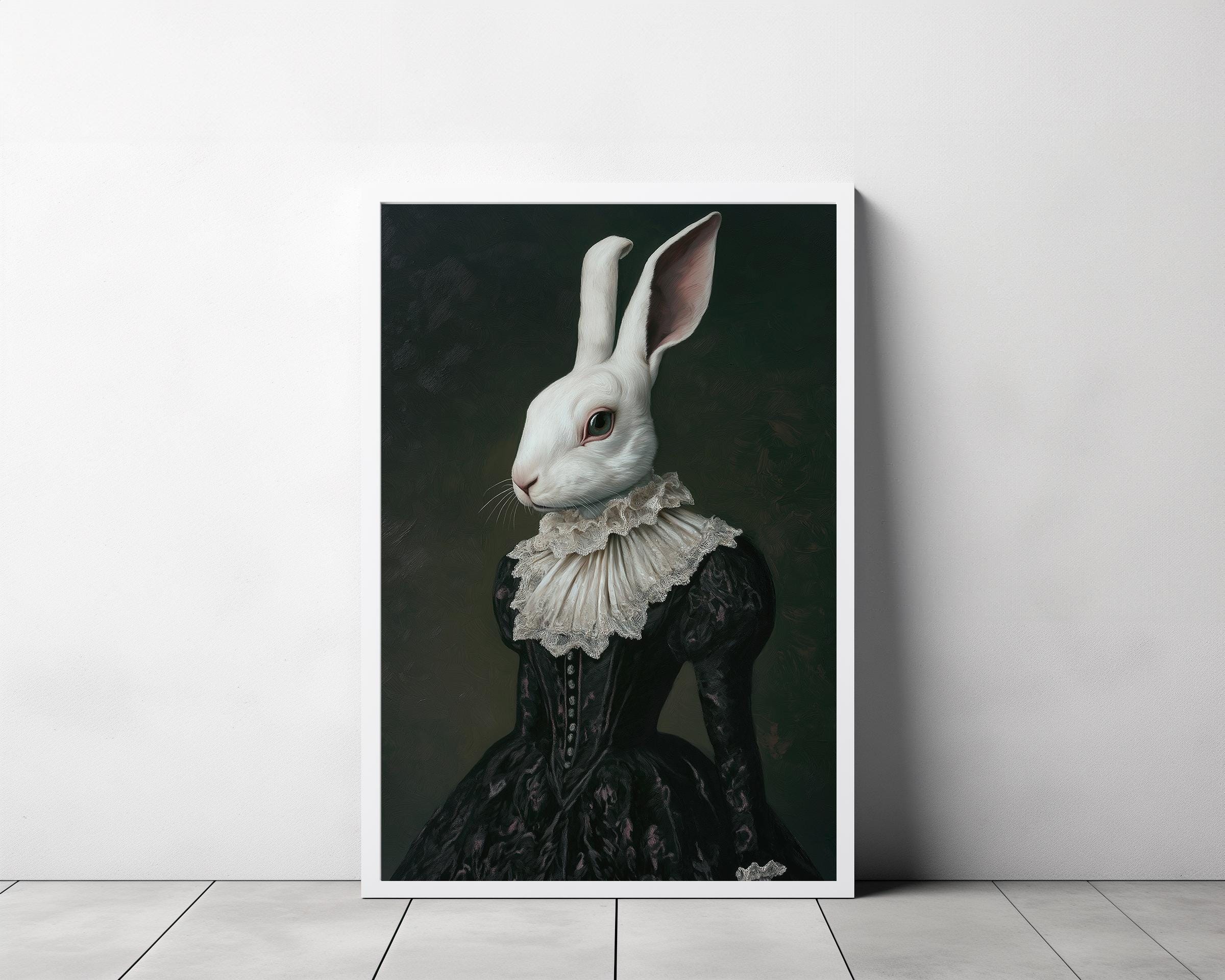 Victorian Lady Rabbit Art Printable, Gothic Oil Painting
