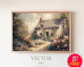 May include: A painting of a small cottage with a thatched roof, surrounded by a lush garden with pink flowers. The cottage has a white exterior and a wooden door. The painting is framed in a light wood frame.