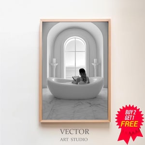 Feminist Poster, Woman Drinking Wine & Reading in Bathtub Print, Black and White, Girls Bathroom Decor, Alcohol Wall Art, Digital Download