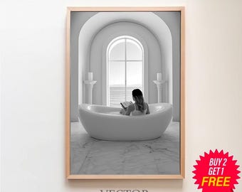 Feminist Poster, Woman Drinking Wine & Reading in Bathtub Print, Black and White, Girls Bathroom Decor, Alcohol Wall Art, Digital Download
