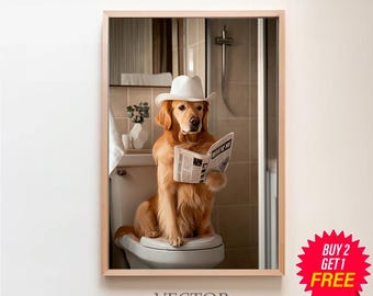 Golden Retriever Art, Funny Bathroom Decor, Dog in Toilet, Animal in toilet, Printable Digital Download, Kids Bathroom Wall Art