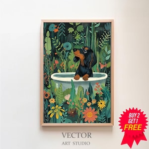 Dachshund Wall Art, Boho Jungle Bathtub Print, Maximalist Botanical Decor, Eclectic Tropical Poster, DIGITAL, Black Blue Tan Dog Owner Gift