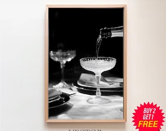 Poster di champagne, bianco e nero, stampa carrello bar, arte murale cocktail, arredamento bar vintage, stampa champagne, arte murale alcolica, download digitale