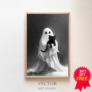 Ghost Holding A Black Cat, Vintage Poster, Art Poster Print, Dark Academia, Halloween Decor, Haunting Ghost
