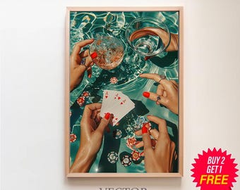 Vintage Blue Playing Cards Wall Print, Blue Poker Night Cards & Drinks, Retro Digital Download Print, Bar Cart Decorations, Large Printable