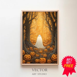 Ghost and Jack O Lanterns, Haunting Ghost, Halloween Print, Vintage Poster, Art Poster Print, Dark Academia, Halloween Decor