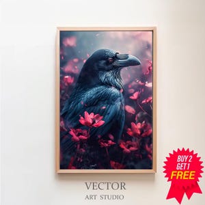 Black Crow With Flowers, Vintage Poster, Art Poster Print, Gothic Victorian Crow, Dark Academia