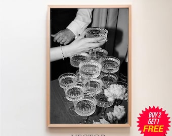 Stampa di bicchieri da champagne, bianco e nero, poster da bar vintage, download digitale, arte murale per cocktail, stampa di alcolici, stampa di carrelli da bar, decorazione da parete