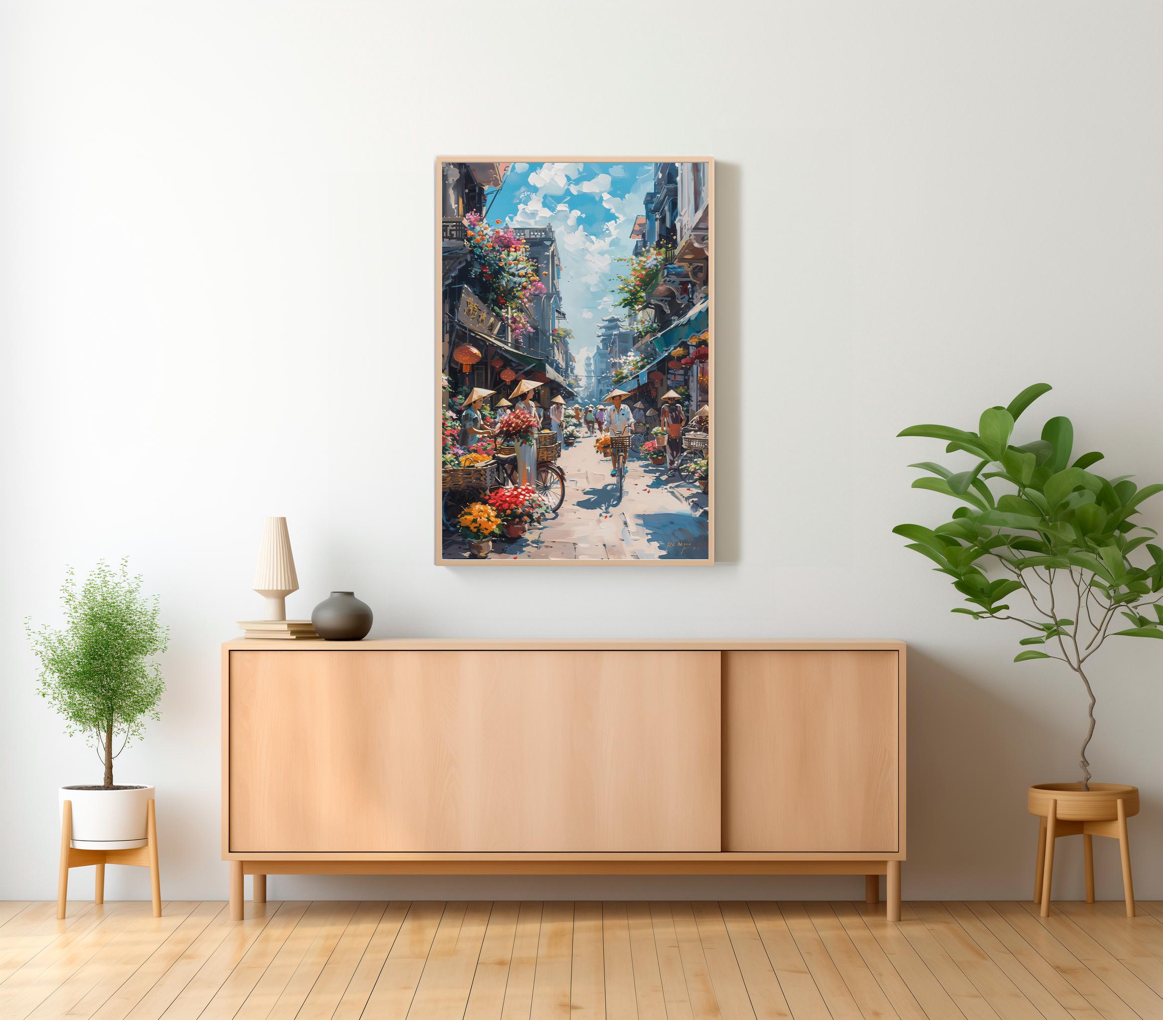 ハノイの賑やかな通りの壁画 - ベトナムの風景油絵 - ベトナムの装飾