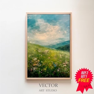 Spring Printable Wildflower Field Landscape Painting, Spring Print Vintage Farmhouse Printable Neutral Wall Art Digital Download Spring Art