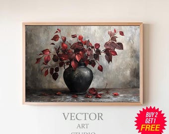 Burgunder Zweige Gemälde | DRUCKBARE KUNST | Stimmungsvolle Blumenkunst | Vintage Herbst Kunstwerk | Digitaler Download