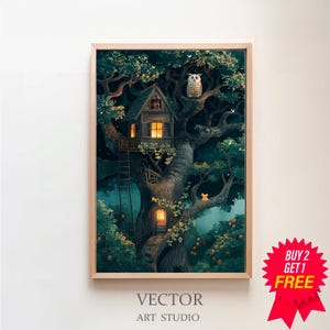 Wunderliche Baumhaus-Kinderzimmer-Wand-Kunst, Waldtiere Kinderplakat, Märchenbuch-Illustrationsgeschenk, druckbare verzauberte Walddez
