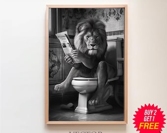 Lion Print, Funny Bathroom Decor, Lion in Toilet, Animal in toilet, Black And White Lion, Printable Digital Download,Kids Bathroom Wall Art